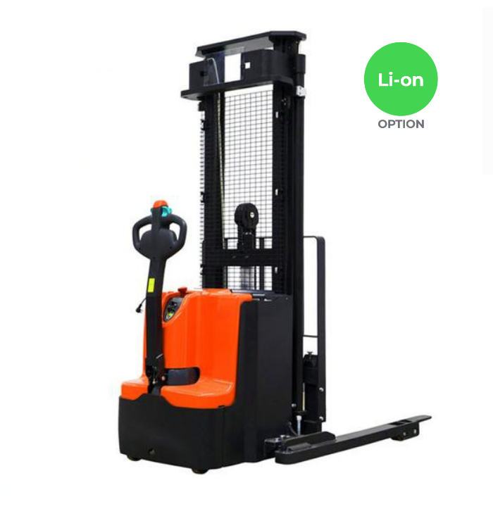 Electric stacker with adjustable forks and sturdy design for efficient stacking.
