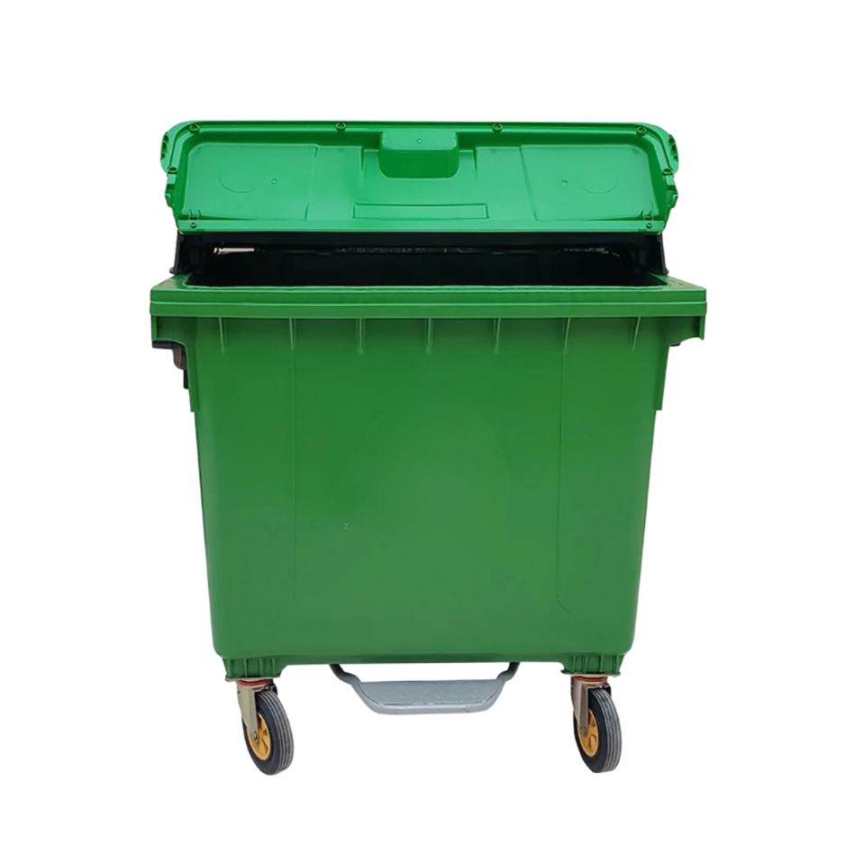 Green outdoor mobile garbage container with wheels and a hinged lid