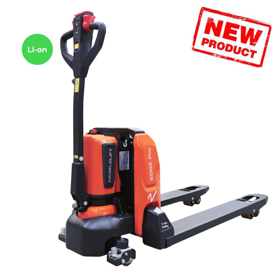 Electric pallet jack, red and black, compact design for material handling.