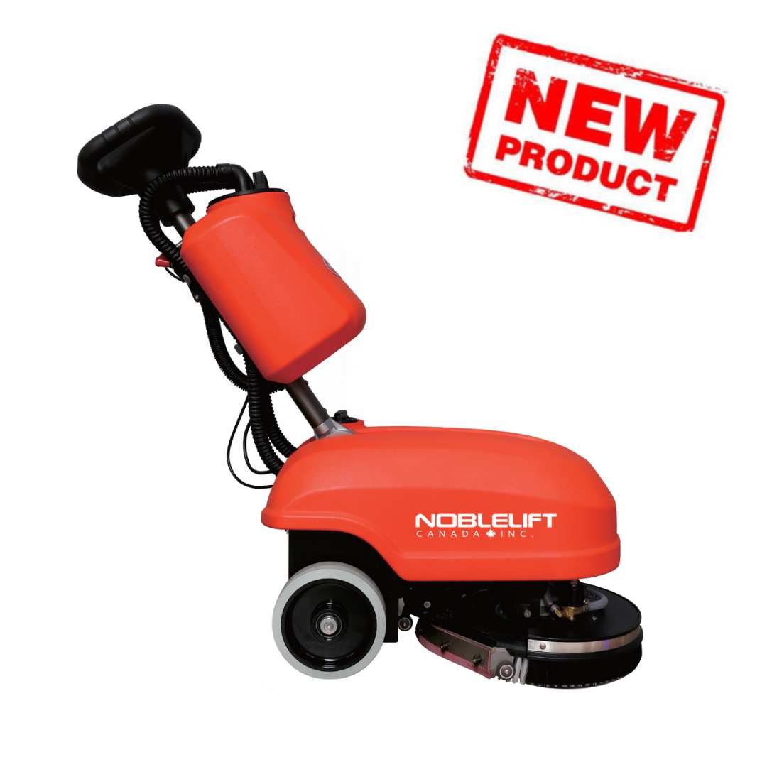 Floor scrubber machine with a compact design for industrial cleaning.