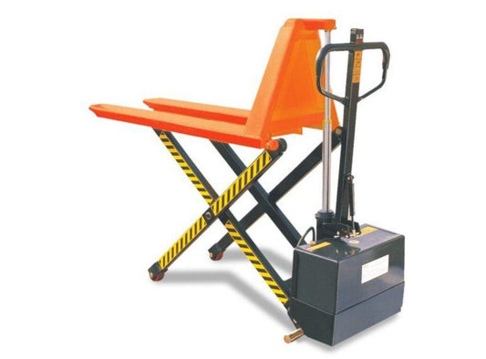 Hand pallet truck with durable frame for material transportation.