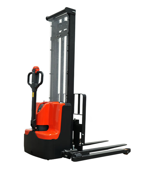 Eectric stacker with ergonomic controls for efficient lifting and stacking tasks.