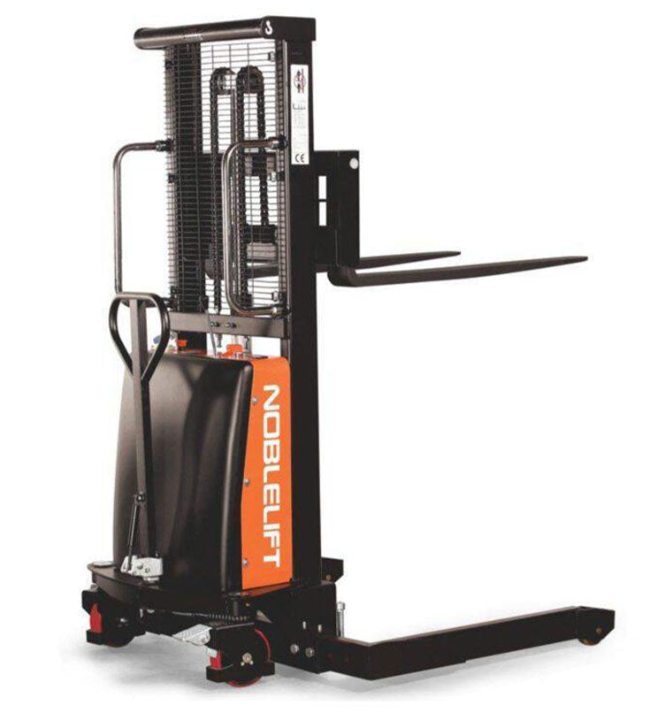 Semi-electric stacker for versatile material handling and stacking.