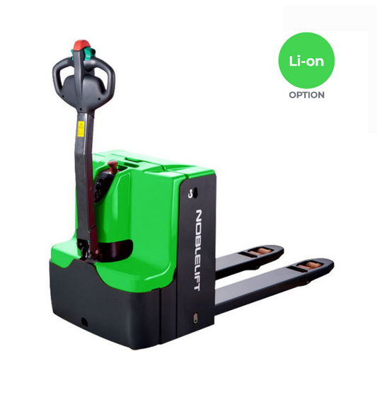 Compact electric pallet truck for efficient lifting and transport.