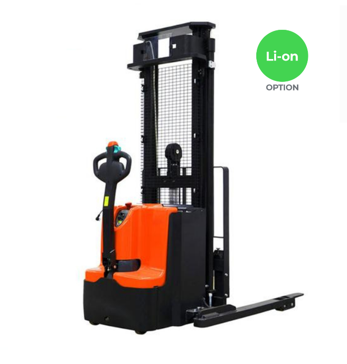 Red and black electric stacker with ergonomic controls for lifting and stacking materials.