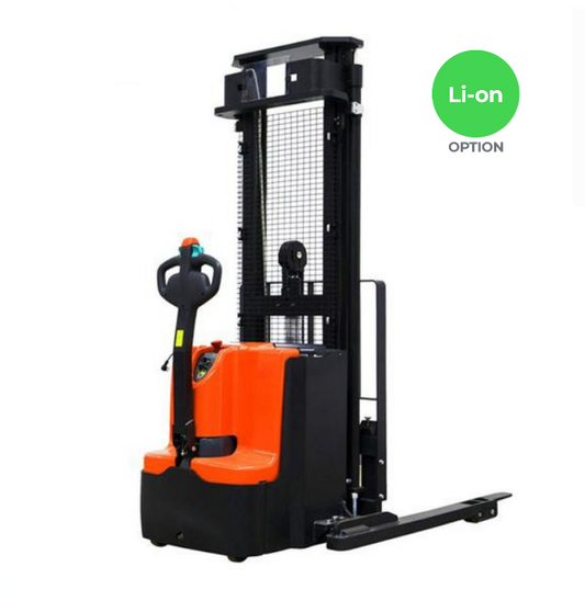 Red and black electric stacker with ergonomic controls for lifting and stacking materials.