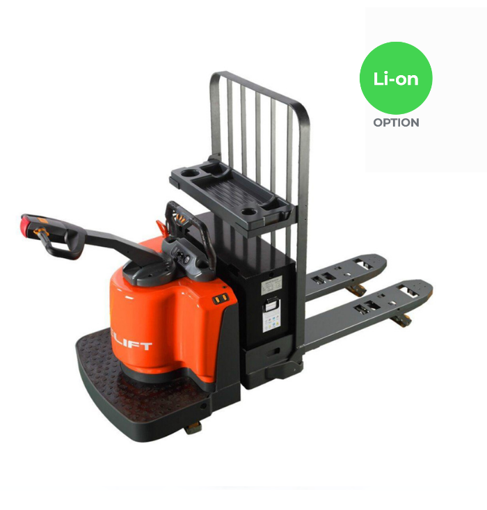 Electric rider pallet truck with ergonomic seat and controls for efficient transport.