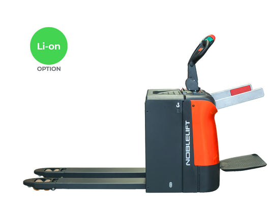 Lithium electric pallet truck with ergonomic design for heavy-duty material handling.